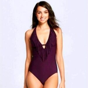 Mossimo ~ Fringe Halter One Piece Swimsuit ~ Chocolate Cherry Purple ~ Medium‎